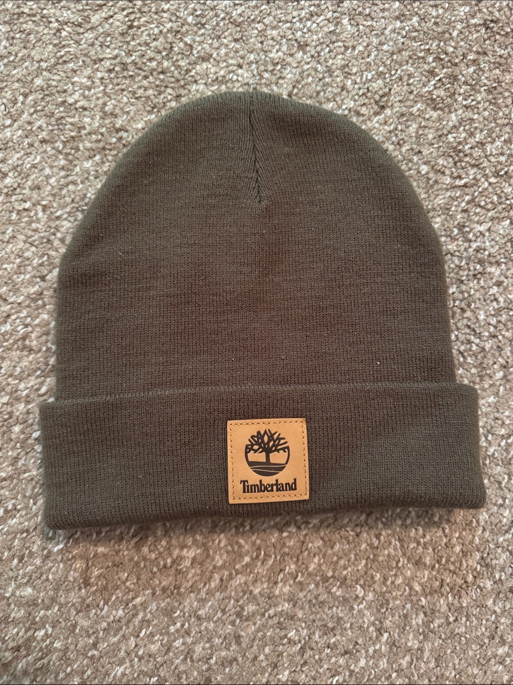 Timberland Olive Knit Cuffed Beanie with Leather Logo Patch